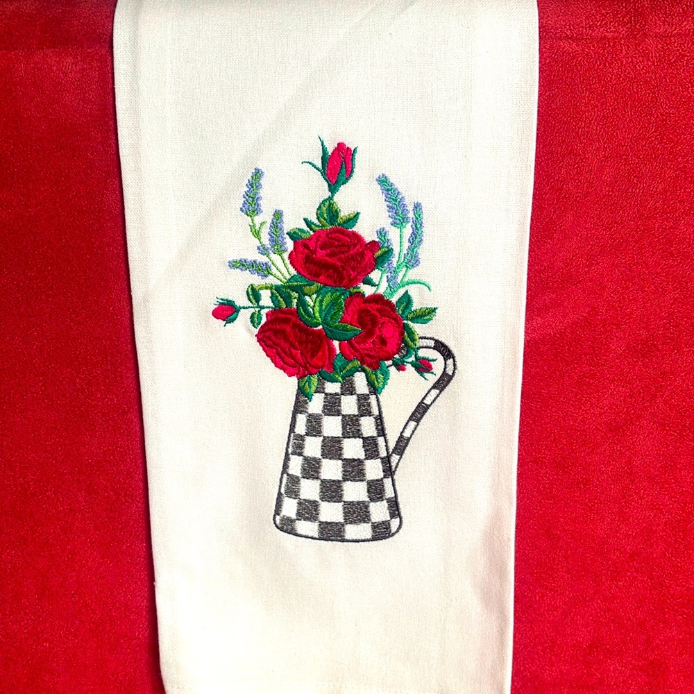 Check Pitcher with Flowers Embroidered Hand Towel